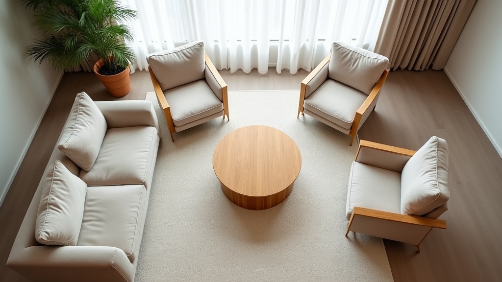 Floating furniture arrangement with clear pathways around a round coffee table