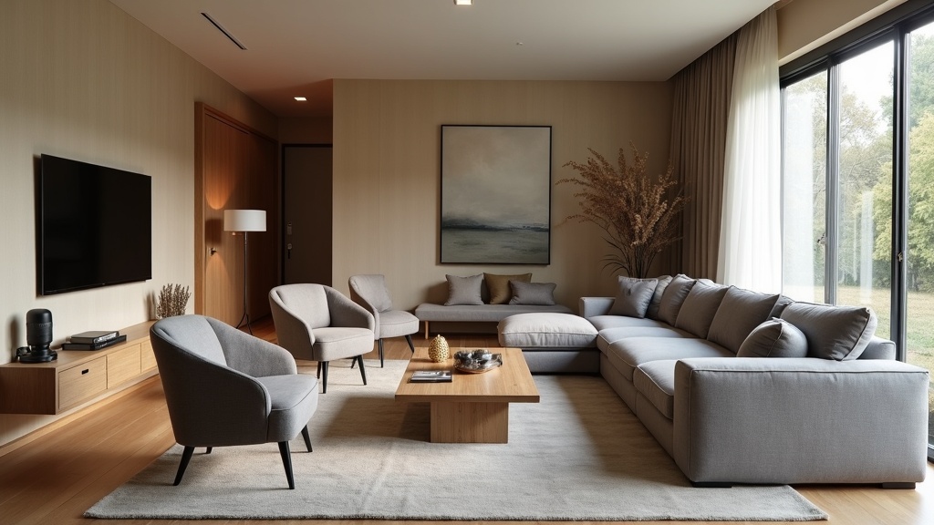 Living room furniture layout with TV using U-shaped sofa arrangement and secondary reading zone