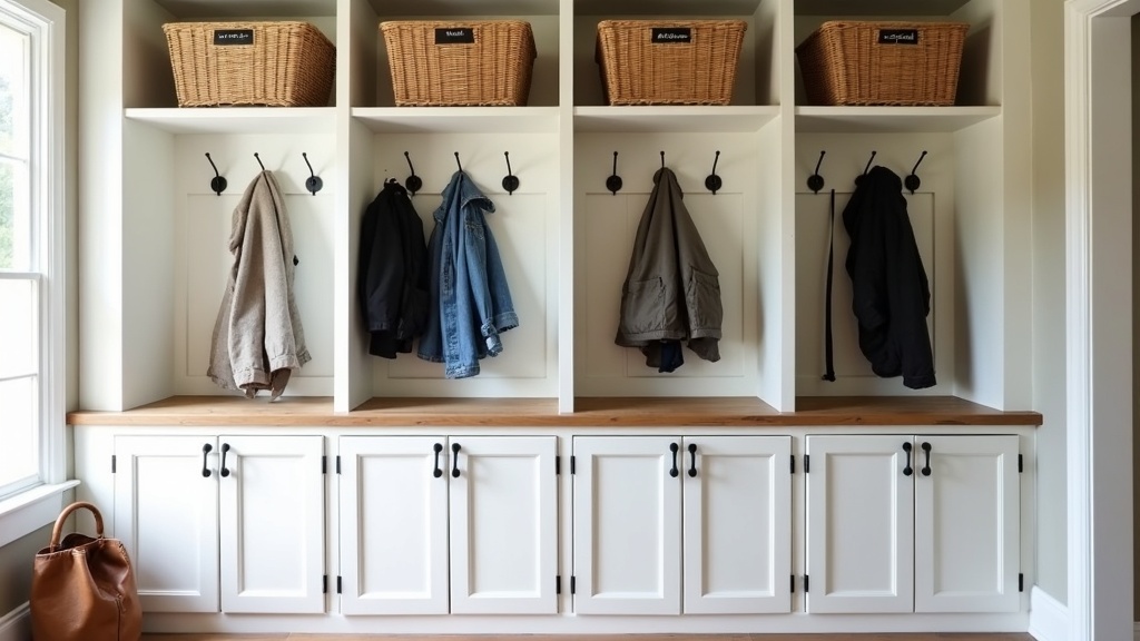 Built-in mudroom storage with closed cabinets, labeled baskets, and a double hook row