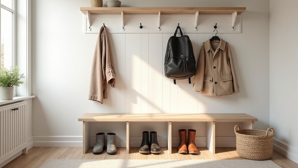 Functional mudroom with bench, hooks, and storage baskets in a Scandinavian home