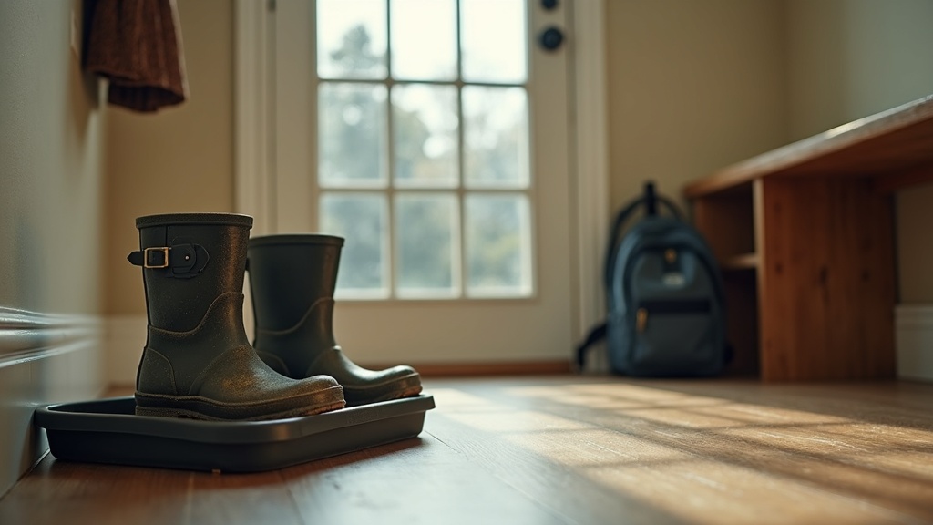 Children's muddy boots on a rubber tray beside a school backpack in a family mudroom