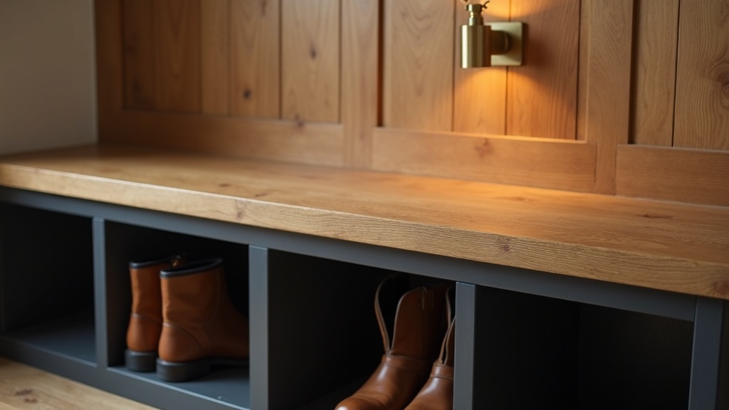 Oiled oak bench with brass wall sconce and leather boots in a calm mudroom entry