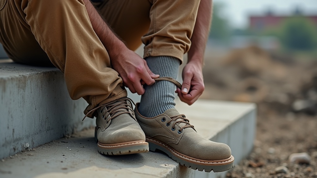 Construction worker putting on ankle support work socks at jobsite