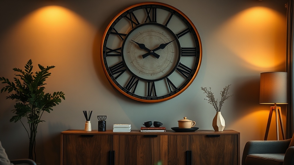 Large wood and brushed metal wall clock with Roman numerals displayed above a mid-century sideboard in a bright modern living room