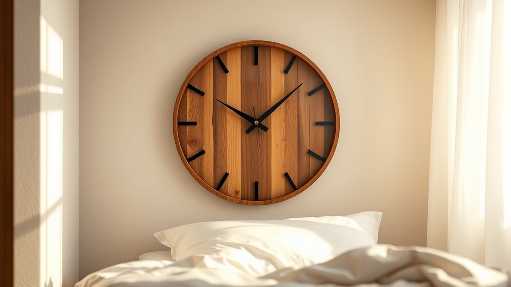 Japanese-style wood and frosted acrylic wall clock with no numerals hanging in a serene minimalist bedroom with linen bedding and soft morning light