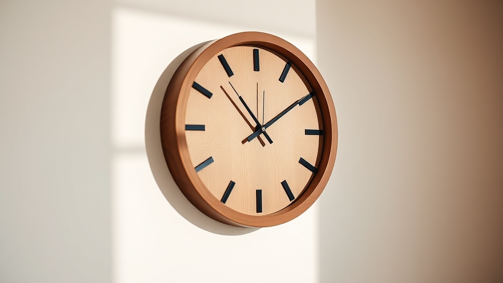 Minimalist walnut wood wall clock with slender black hands mounted on a warm white plaster wall in a Scandinavian-style living room