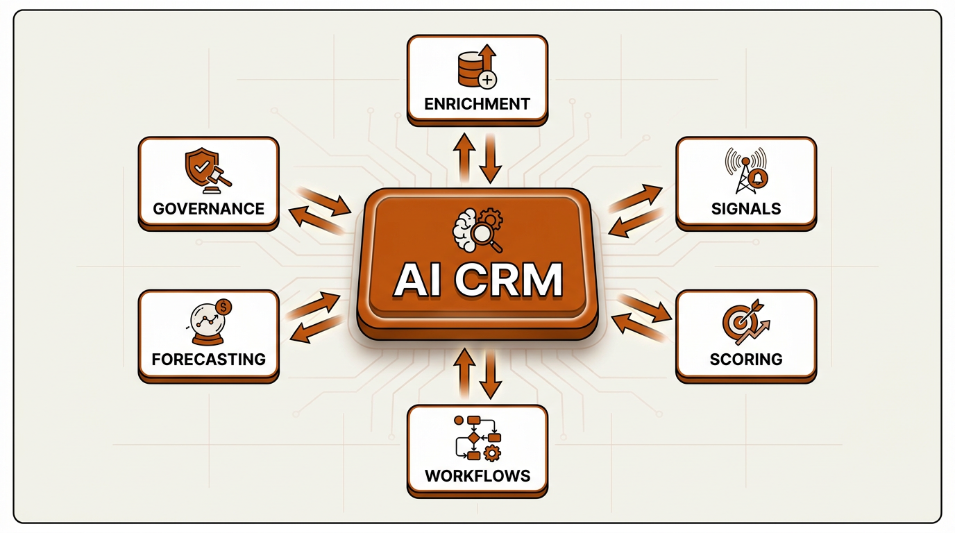 AI CRM automation architecture diagram connecting enrichment, signals, scoring, workflows, forecasting, and governance