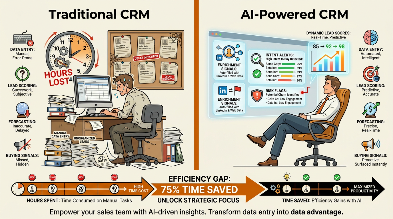 Infographic comparing manual CRM data entry with AI CRM automation efficiency