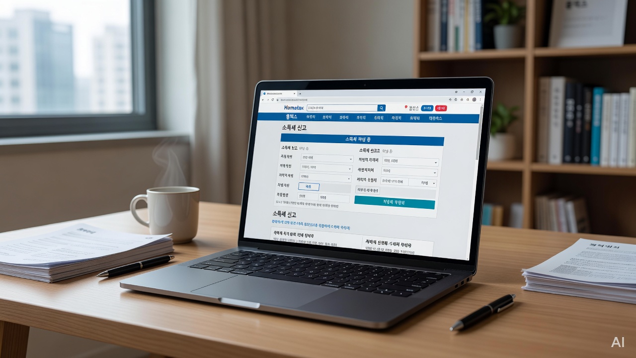 laptop screen showing Hometax website tax return page, placed on a desk
