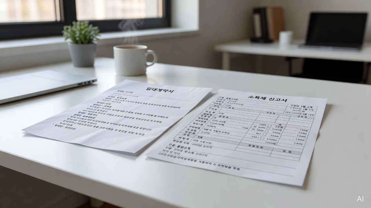 rental contract document and tax return form placed on a clean white desk