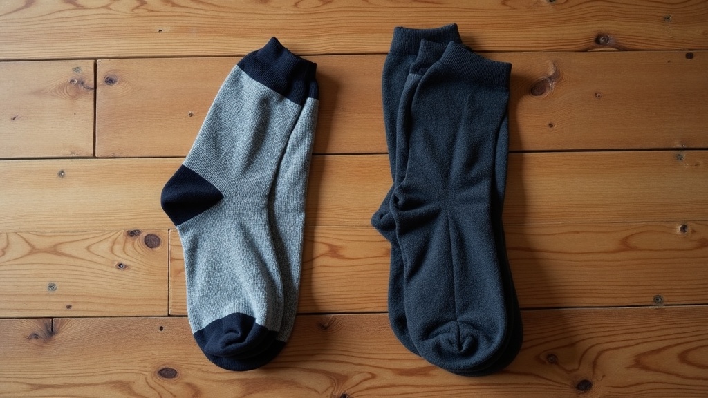 Thin sock liner next to thick heavy duty work sock for comparison