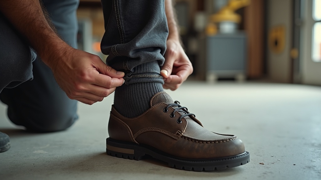 Worker layering a thin sock liner before putting on a work boot