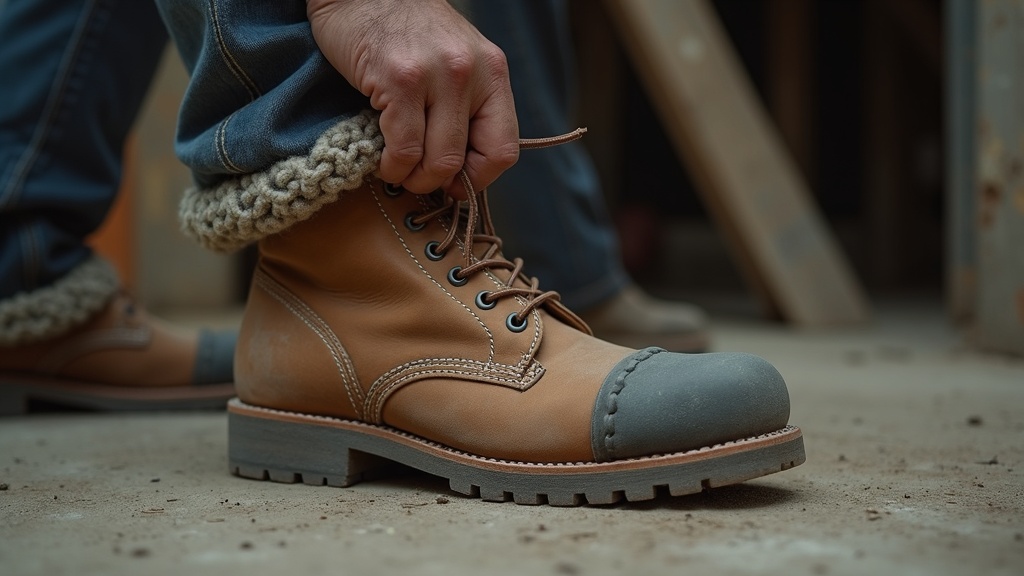 Worker pulling on a heavy steel toe work boot with a thick sock visible