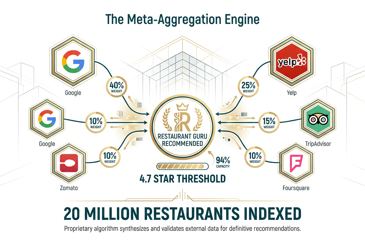 Infographic showing how Restaurant Guru aggregates ratings from Google, Yelp, TripAdvisor, Foursquare, and Zomato to create its recommended badge.