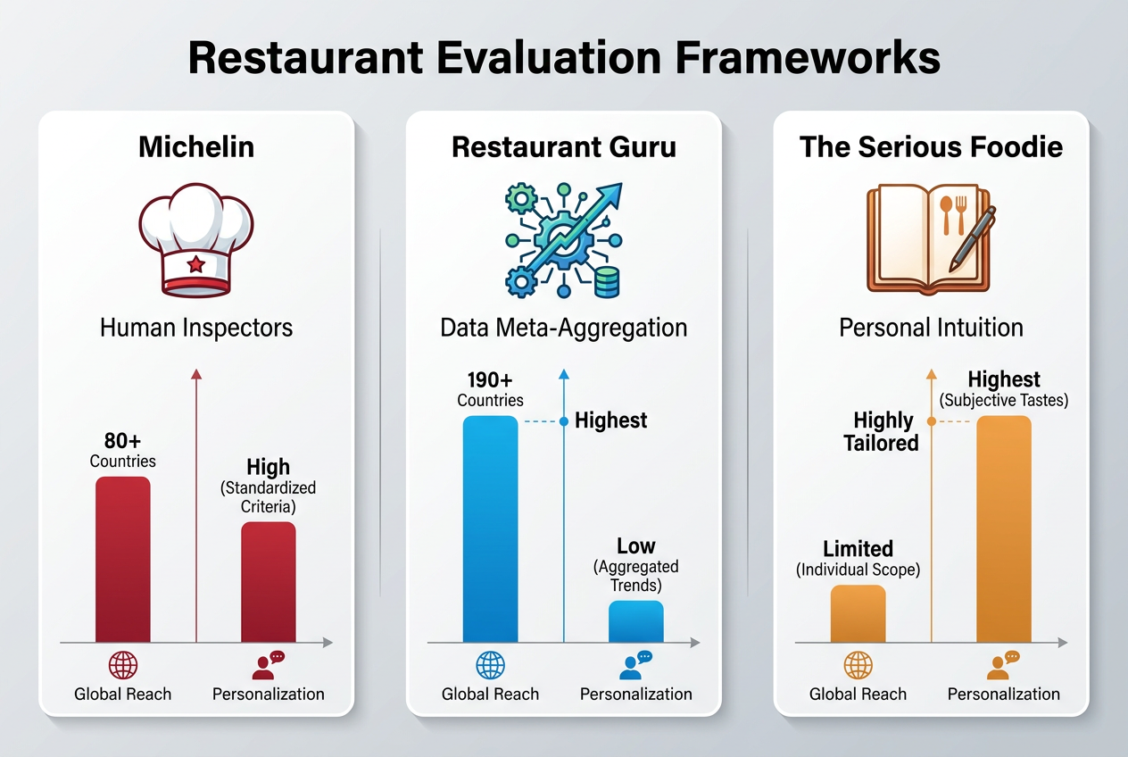Comparison chart of Michelin, Restaurant Guru, and personal dining intuition, highlighting differences between human inspectors and algorithmic data.