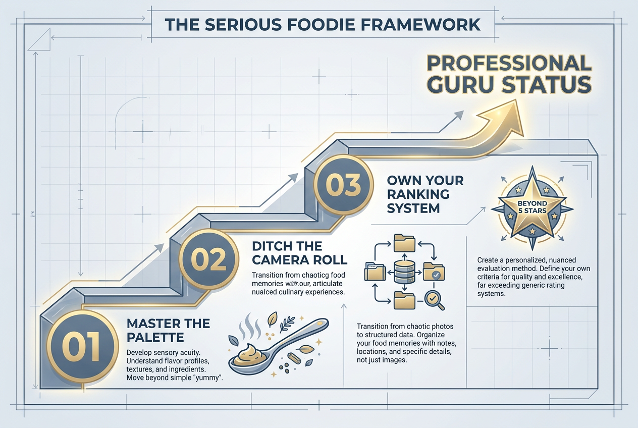 A three-step framework diagram for foodies to move beyond generic reviews and become expert restaurant gurus through palette mastery and organization.