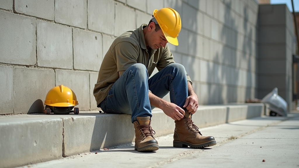Construction worker unlacing work boot during a break on a job site