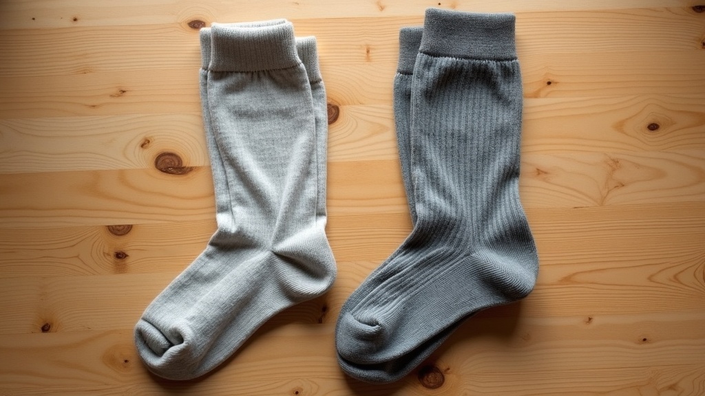 Merino wool work sock compared to thin cotton sock showing thickness difference