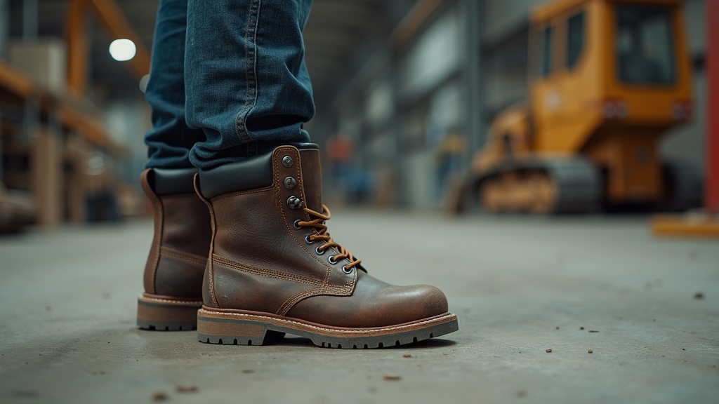 Warehouse and construction worker wearing steel-toe boots on a concrete floor