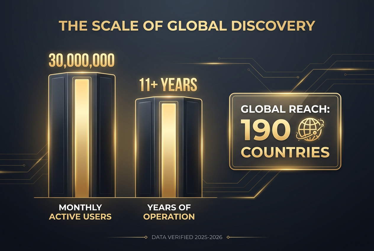 Bar chart showing Restaurant Guru's 30 million monthly users and 11 years of global operations across 190 countries.