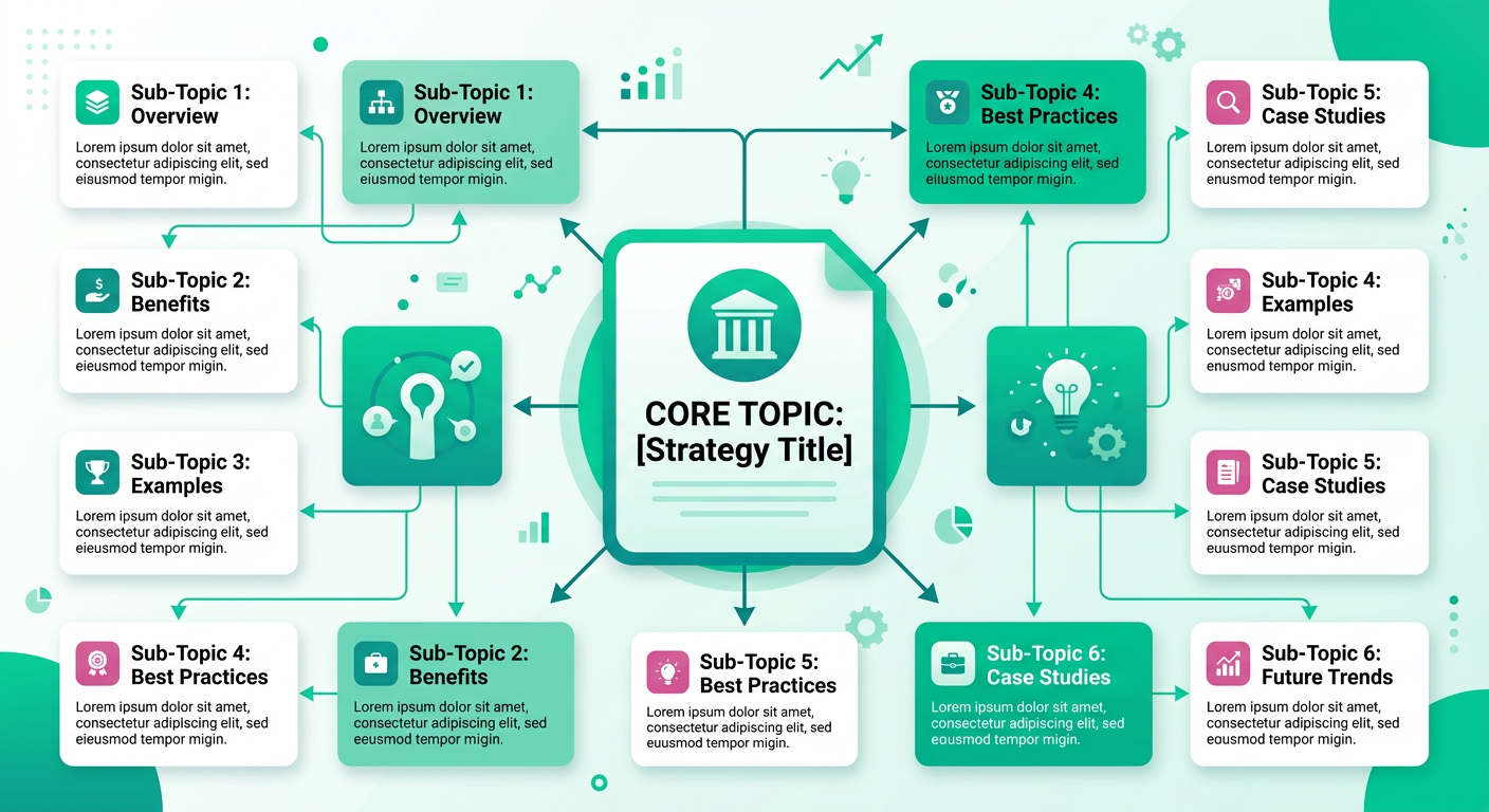 Clean in-content visual showing one central pillar page connected to smaller article cards in a simple topic map, modern f...