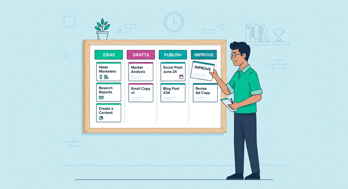 Clean flat illustration of one marketer organizing cards labeled Ideas, Drafts, Publish, and Improve on a simple board, so...