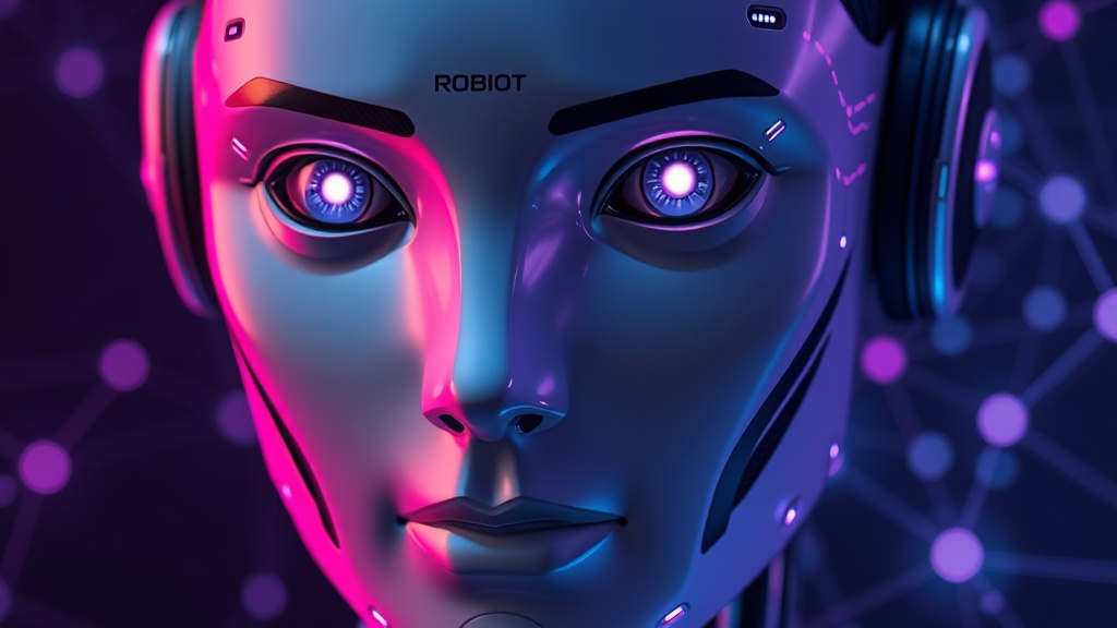 Close-up of a highly realistic humanoid robot face with subtle, expressive eye movements.