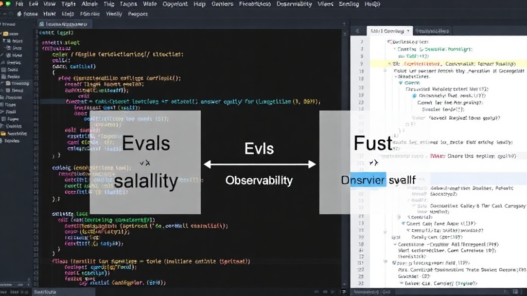 Diagram contrasting Evals (answer quality) with Observability (behavior visualization)