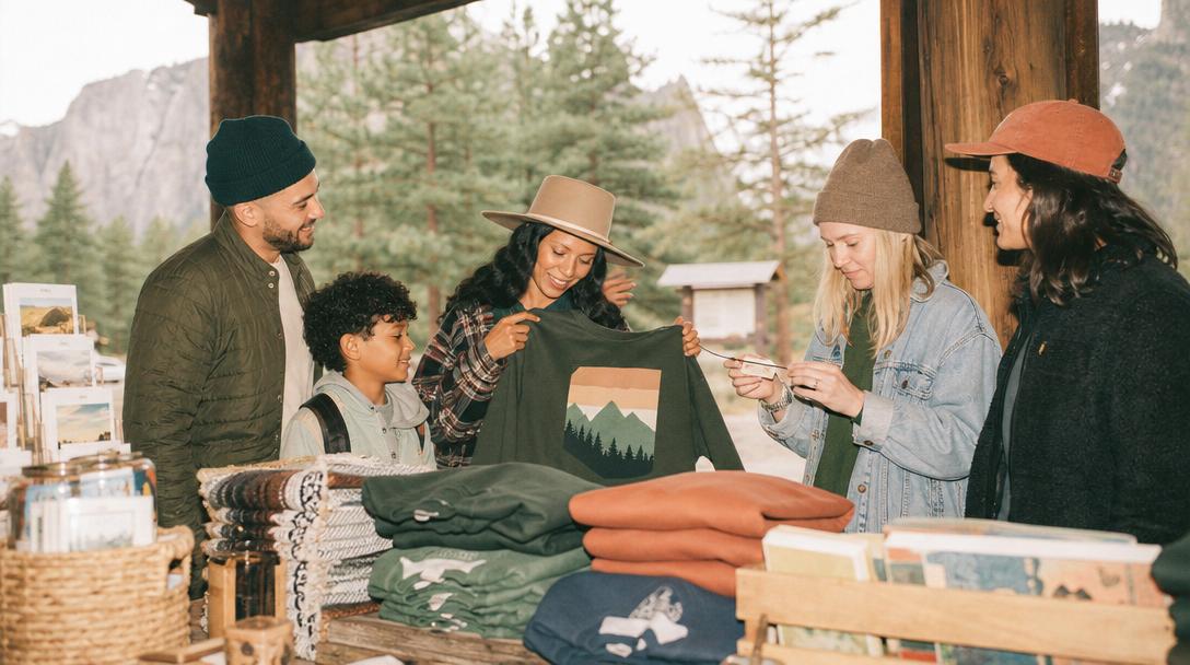 Pile of folded sustainable national park sweatshirts with eco-friendly tagging
