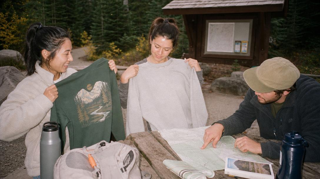 Hiker wearing a national park sweatshirt on a trail