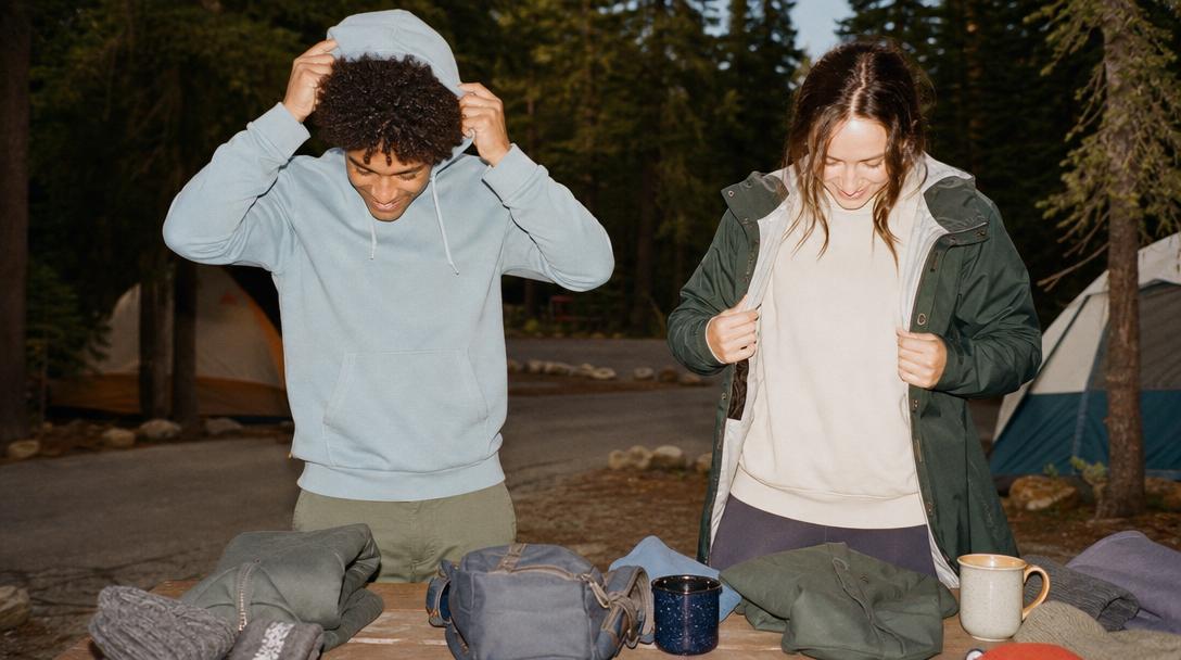 Comfortable cozy national park hoodie hanging on a camping site