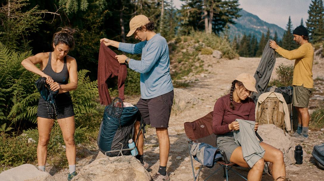 Side by side comparison of organic cotton and merino wool hiking shirts
