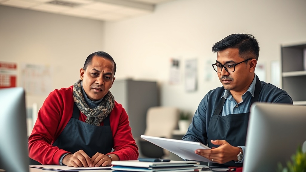 Skilled immigrant workers collaborating in a Francophone community office environment.