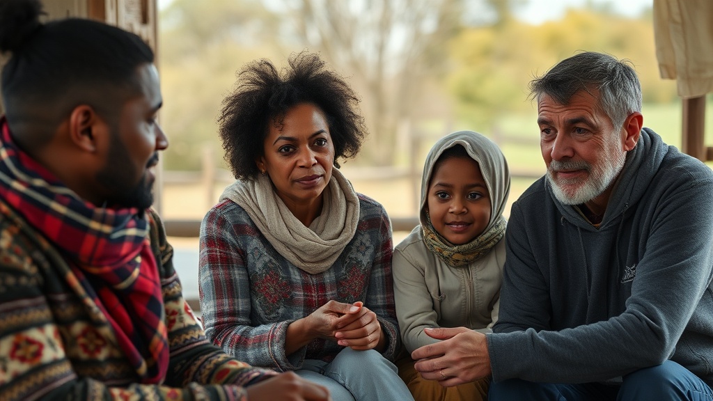 Diverse family settling into a Canadian Francophone rural community, engaging in cultural and social activities.