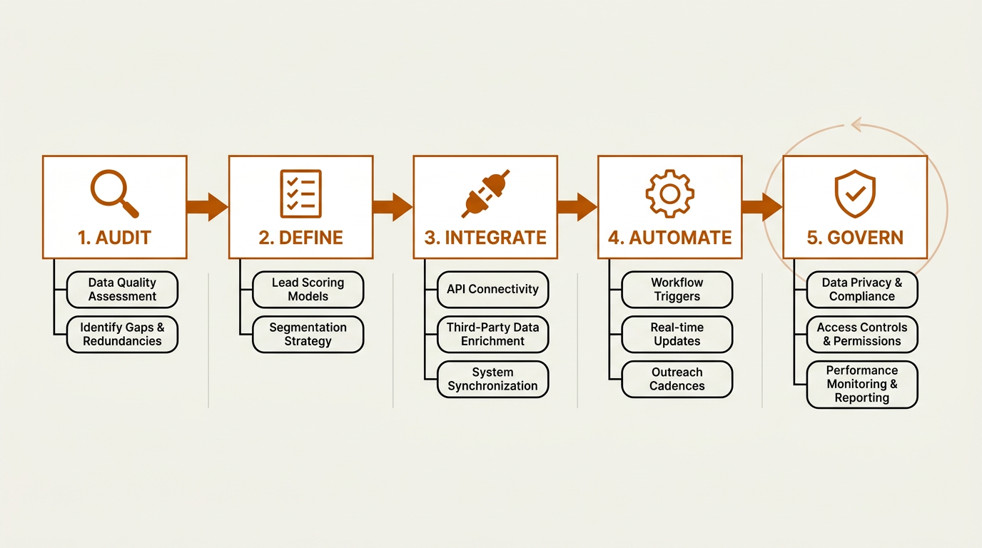 CRM data enrichment implementation flowchart showing five stages from audit to governance