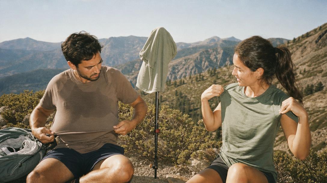 Close up of worn and cheap hiking shirt pitfalls