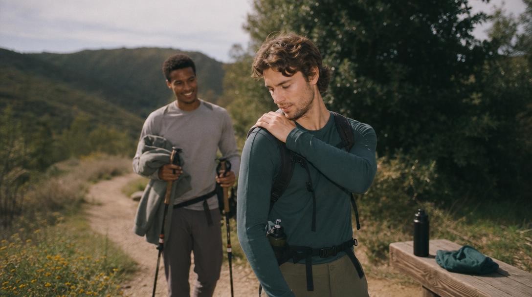 Hiker wearing performance hiking shirt moving comfortably on trail