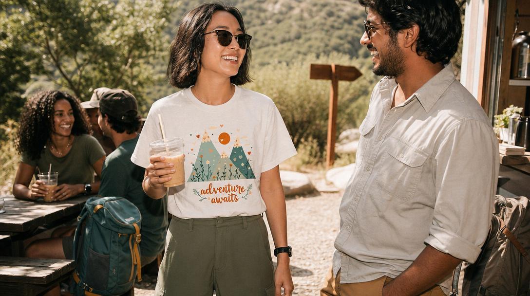 Comparison of a work shirt and hiking shirt on trail