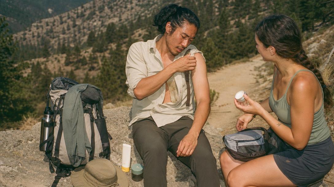 Hiker layering a shirt over base layers on trail