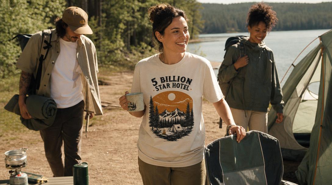 Frustrated hiker adjusting work shirt discomfort on trail