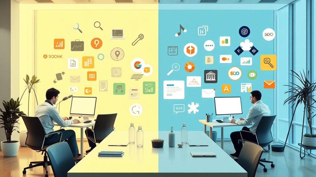 A visual representation of scattered SEO tools versus a unified workspace