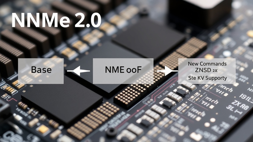 Diagram illustrating NVMe 2.0's new command sets: Base, NVMe-oF, and Protocol with ZNS and KV support.