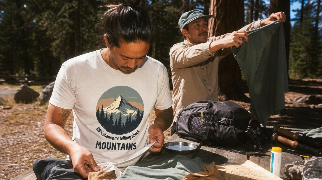 Person hiking wearing a work shirt on a trail