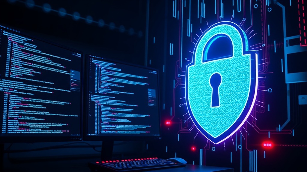 Illustrative image of a hacker's workstation with multiple monitors displaying code