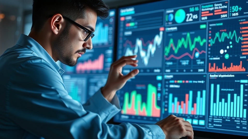 Data scientist analyzing complex datasets on a modern dashboard interface.