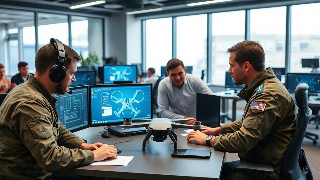 Dutch military personnel examining a drone control console in a modern operations room.