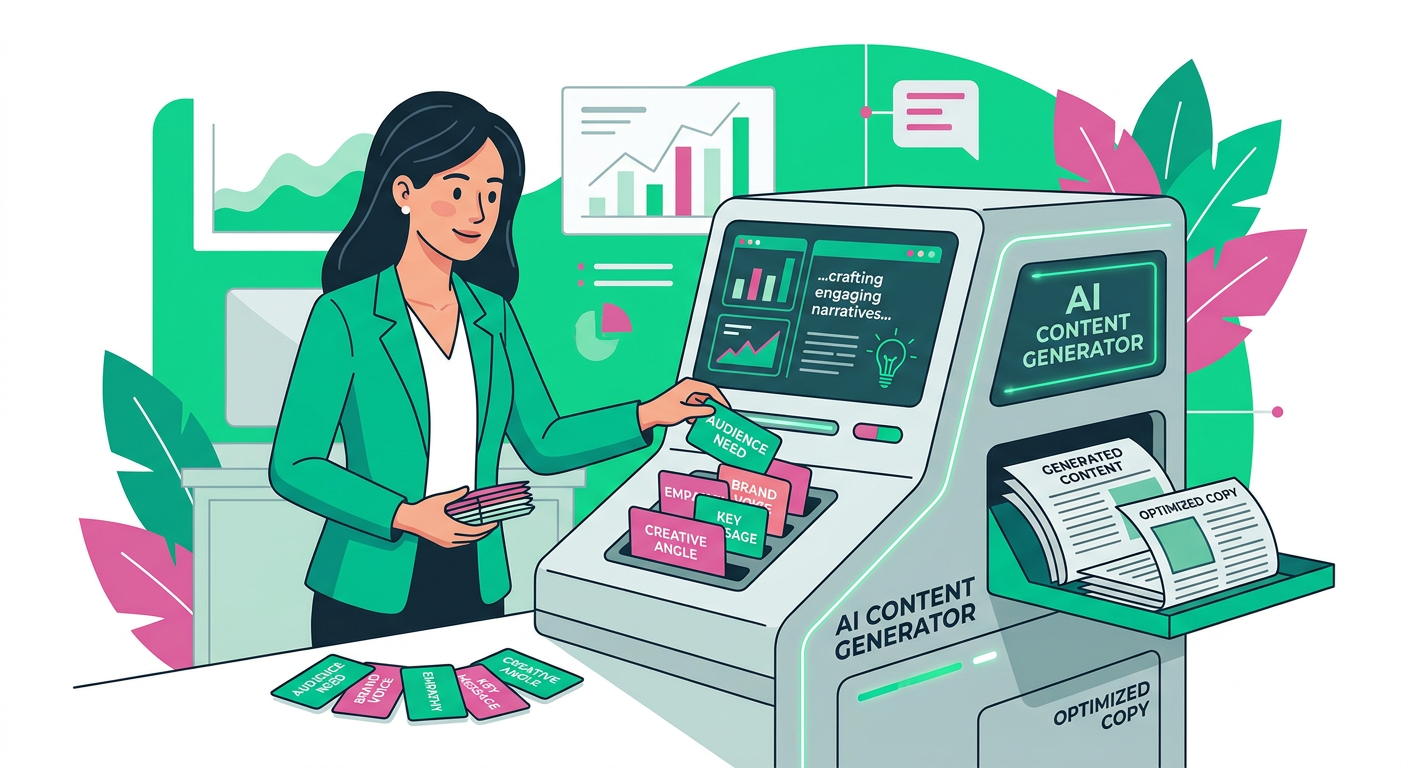 Editorial-style in-content visual of one content strategist placing human insight cards into an AI writing machine, modern...