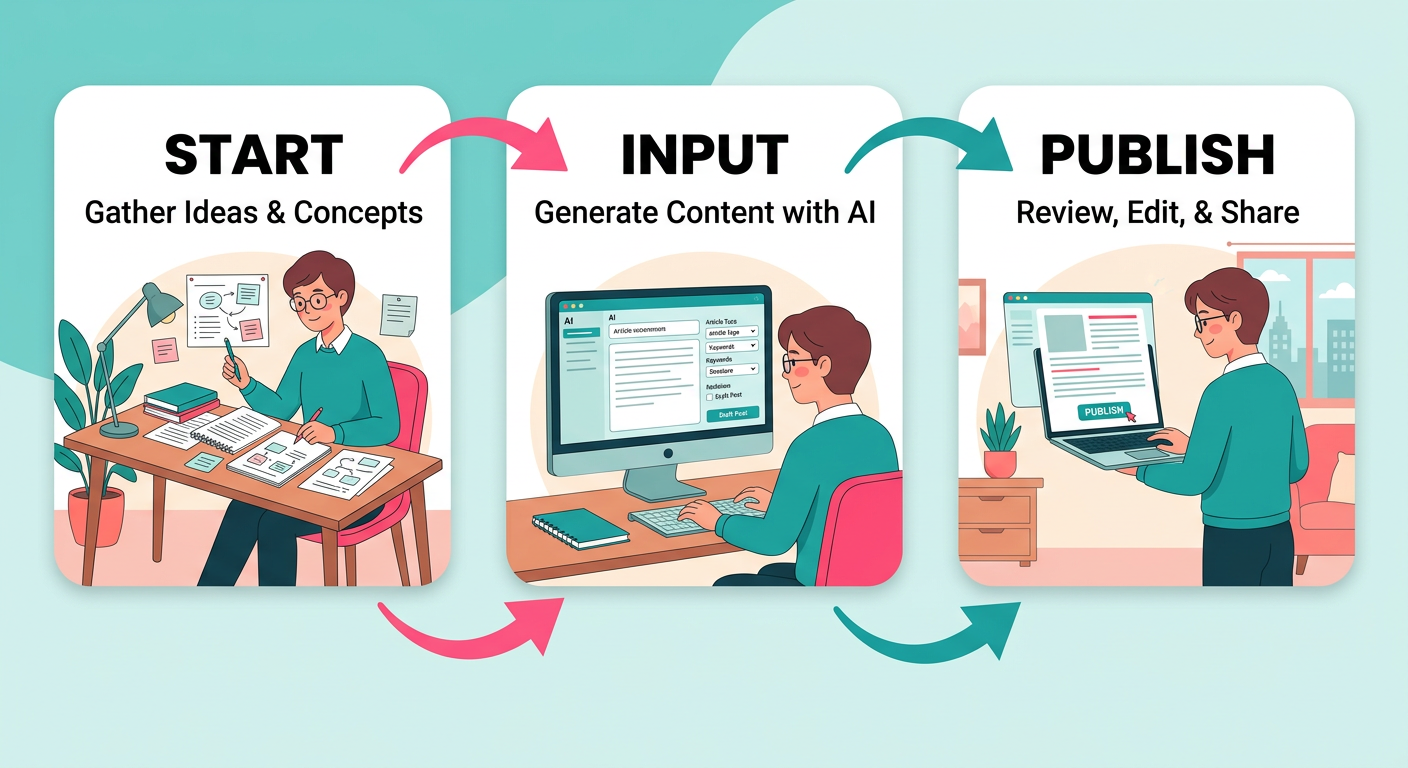 Modern in-content illustration showing a three-step AI blogging workflow with one person reviewing notes beside an AI inte...
