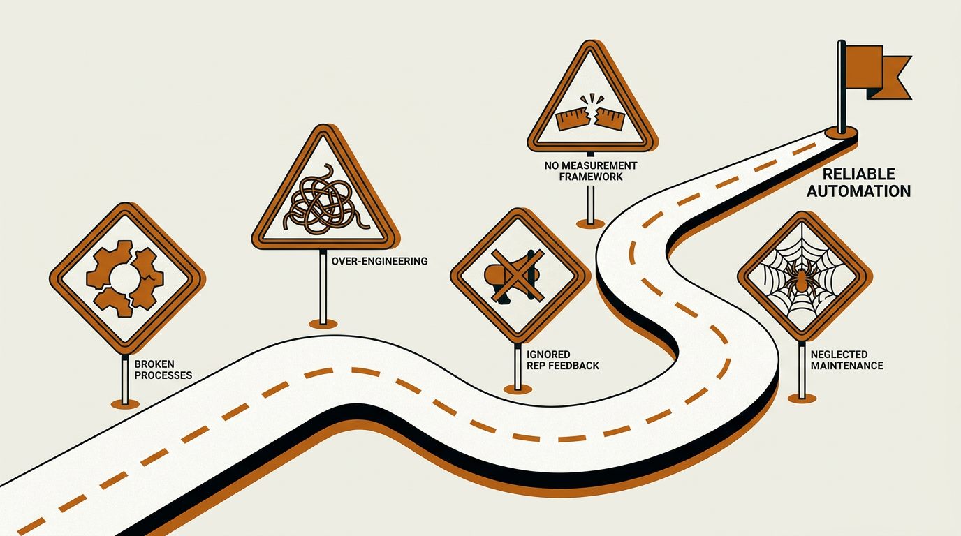 Five CRM automation workflow mistakes illustrated as warning signs on a winding road