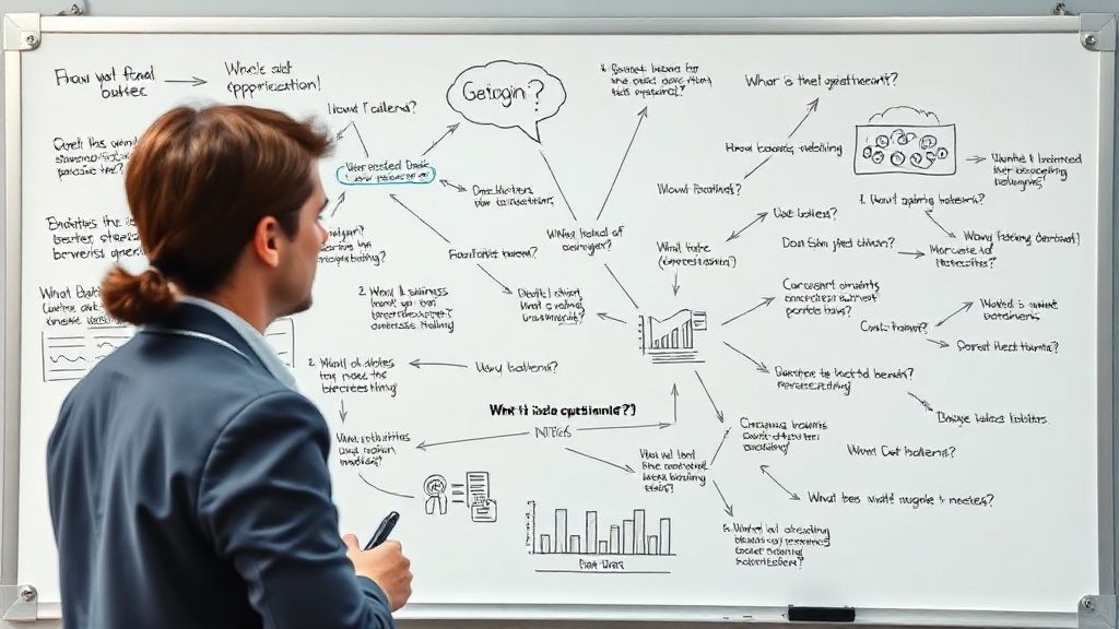 A consultant whiteboard filled with interconnected business questions and potential data points